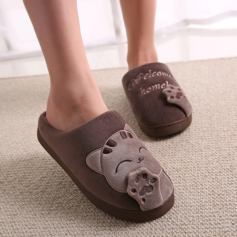 Women Winter Warm Home Slippers Couple Shoes Female Plush Cat Animal Slip On Soft Indoor Flats Comfort Ladies& Man Plus Size - Цвет: man coffee