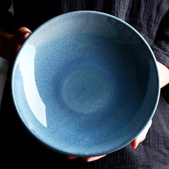 

Ceramic bowl kiln glaze blue Japanese 9-inch shallow soup bowl restaurant dish plate western food pasta bowl salad bowl