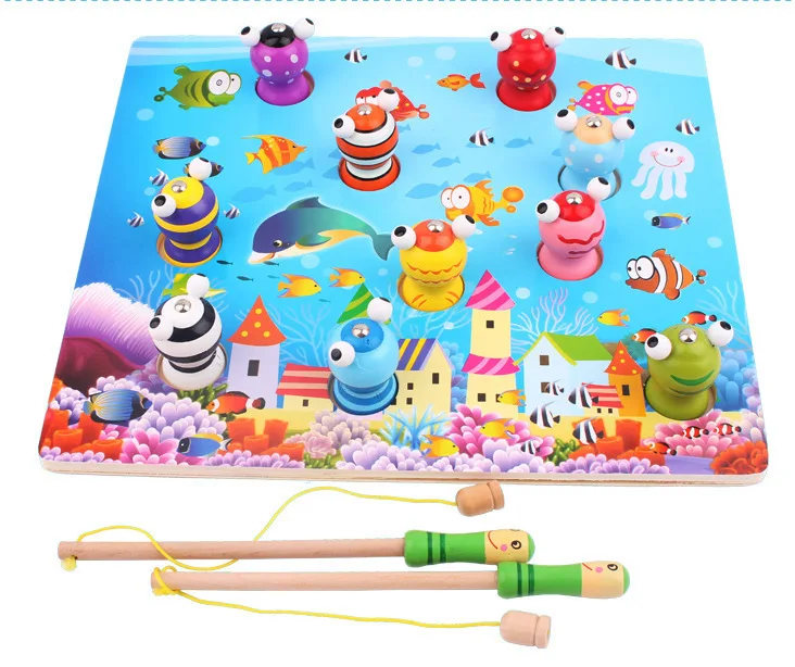 

3D Wooden Stereo Magnetic Double Poles Fishing Boxed Large Size Children Fishing Toy Sets Exercise Hand-Eye Coordination