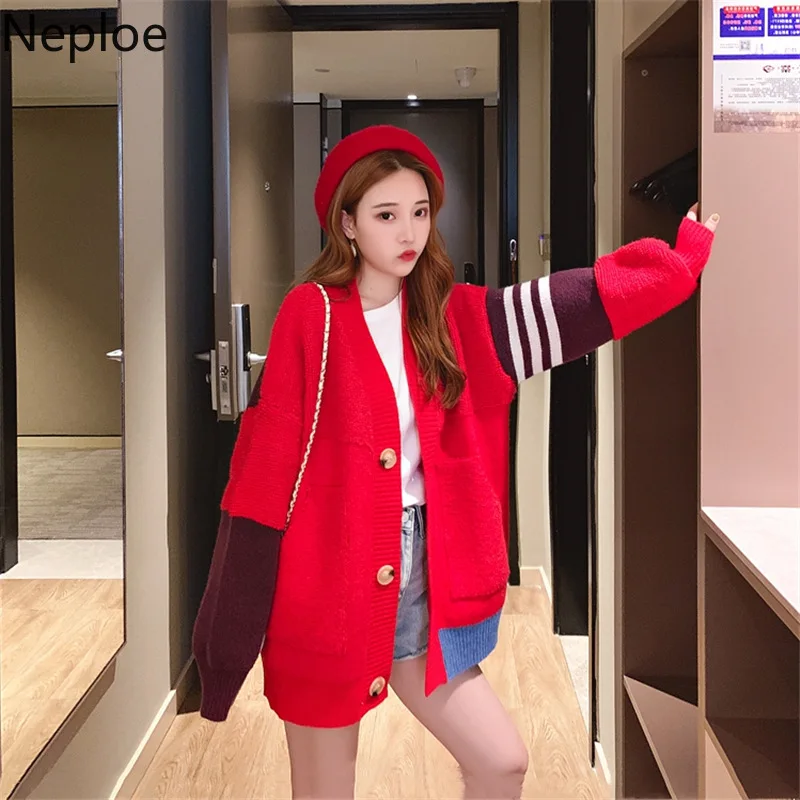 Neploe корейский Crazy style вязаный кардиган модный лоскутный контрастный цвет свитер женский Осень Зима свободное Женское пальто 46275