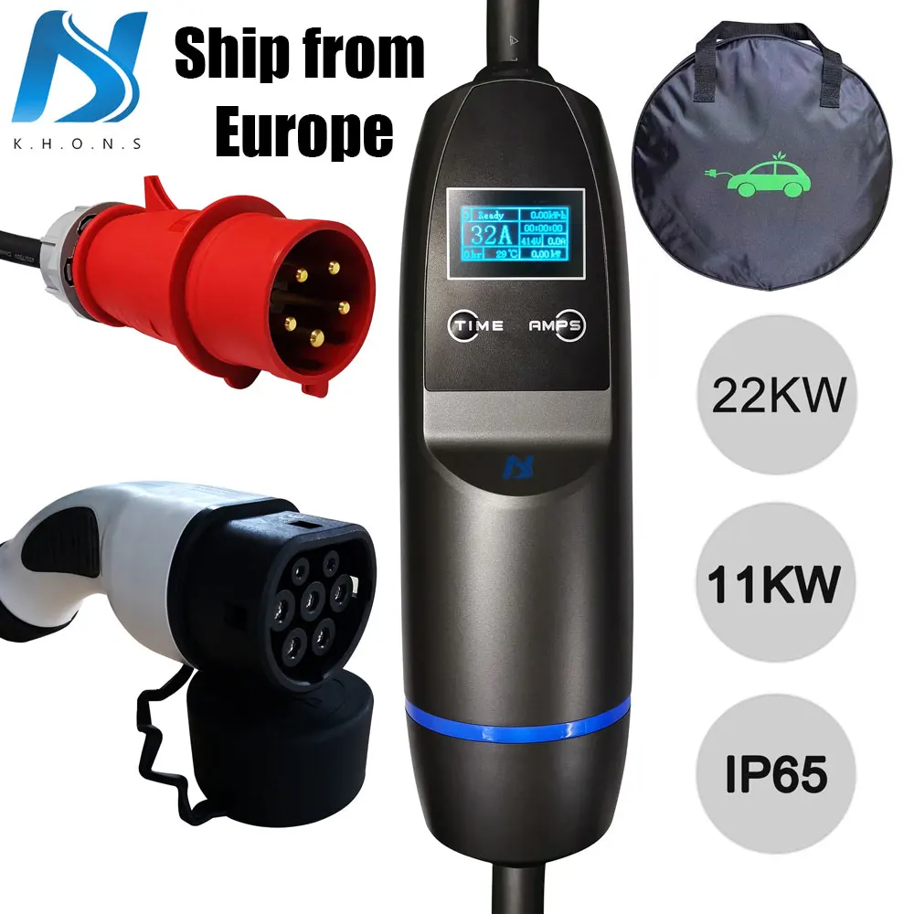Khons Wallbox 22KW 3 Phase EVSE Type 2 Electric Car Vehicle EV Charger With CEE Plug 32A Adjustable 5m EV Cable Fast Charging