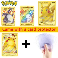 Carte de combat Pokemon en métal doré Vmax, édition limitée, jeu Pikachu, Charmander, livré avec une carte de protection 