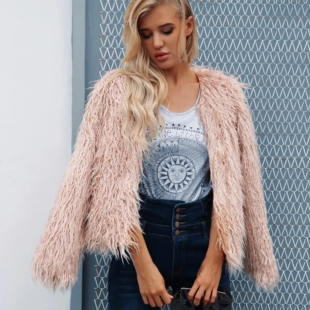 Ladies Womens Warm Faux Fur Coat O-Neck Solid color winter woman coat Fashion winter Outerwear Open Stitch women fur coat