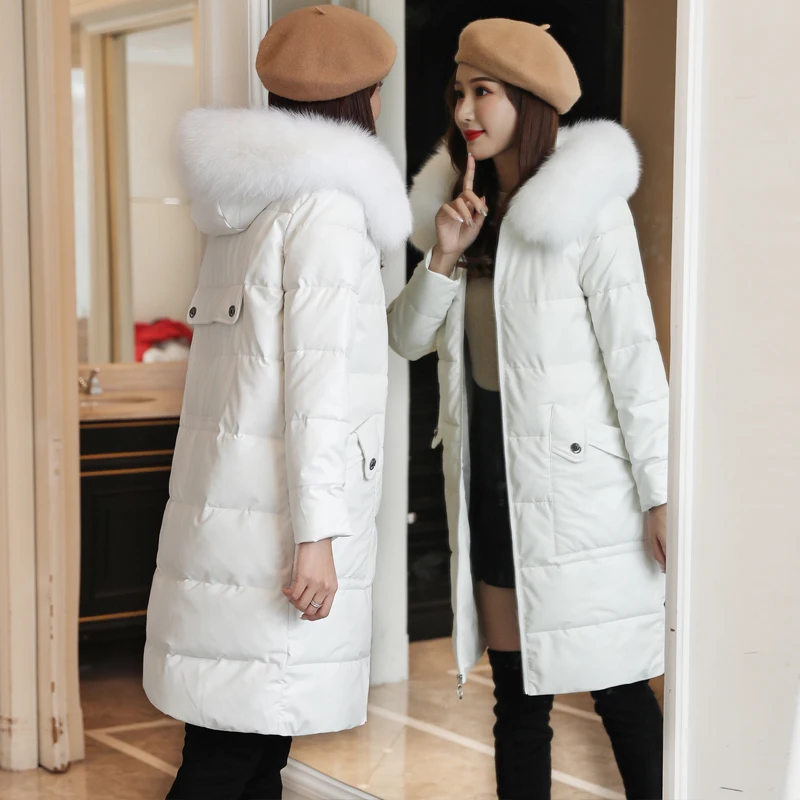 Women Down Coats Korean Fashion Fur Hooded PU Leather Down Jacket Plus Size Down Jacket Woman Hooded Winter Down Jacket Women