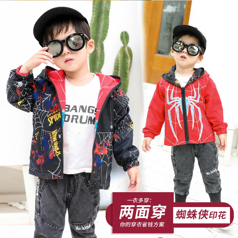 Двухслойные осенние куртки с принтом для мальчиков детская верхняя одежда пальто с капюшоном Повседневная ветровка для мальчиков, детская одежда с человеком-пауком