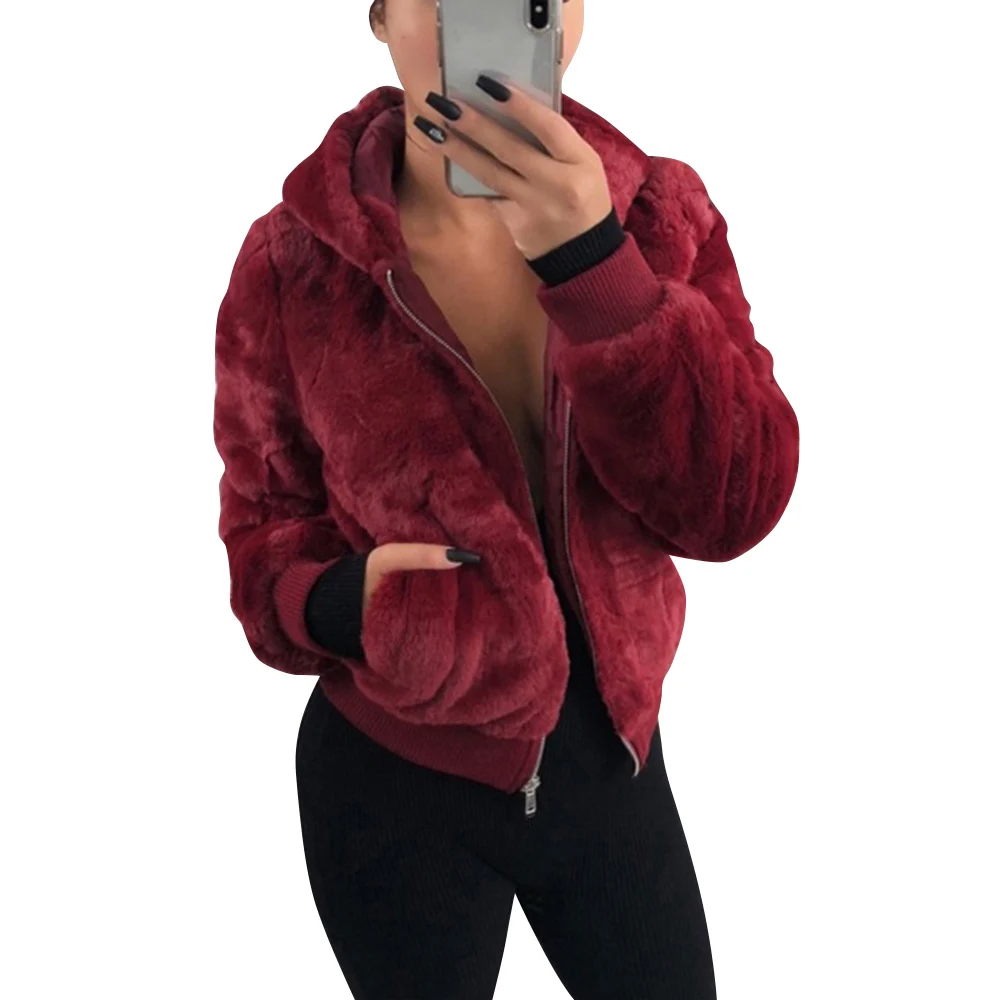 

Elegant Faux Fur Coat With Hooded fourrure Slim Rabbit Fur Coat Warm Long Sleeve Female Outerwear bontjas Winter Short Jacket 25
