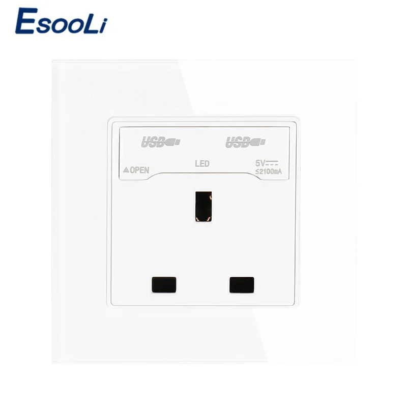 

Esooli Power Outlet UK Standard Wall Socket 3 Hole Power Outlet With 2100mA Dual USB Socket Charger Port for Mobile