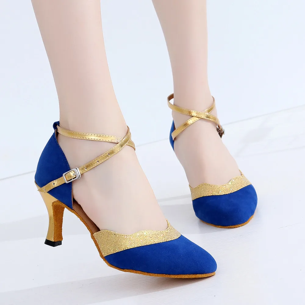 

Elegant Salsa Jazz Tango Ballroom Square Social Latin Dance Shoes for Dancing Women Teachers Stylish High Heel Flock Blue