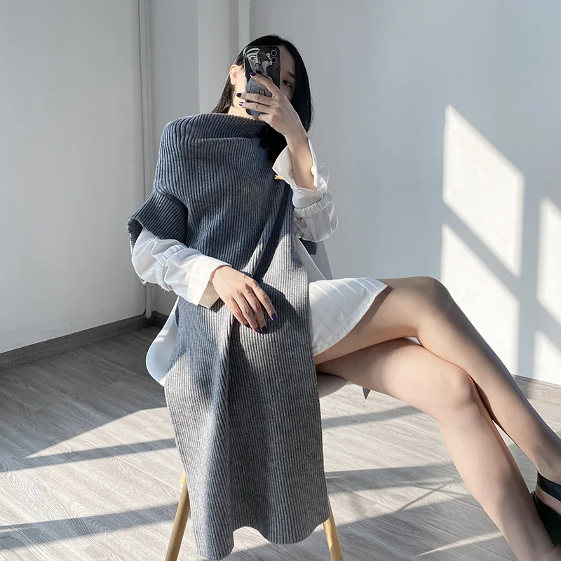 Women Sweater 2020 New Autumn and Winter Cloak Shawl with Bat Solid Color Black Turtleneck Irregular Jacket | Женская одежда