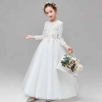 

3~14Years Children Girls Solid White Color Birthday Wedding Party Princess Mesh Dress Baby Kids First Communication Host Dress