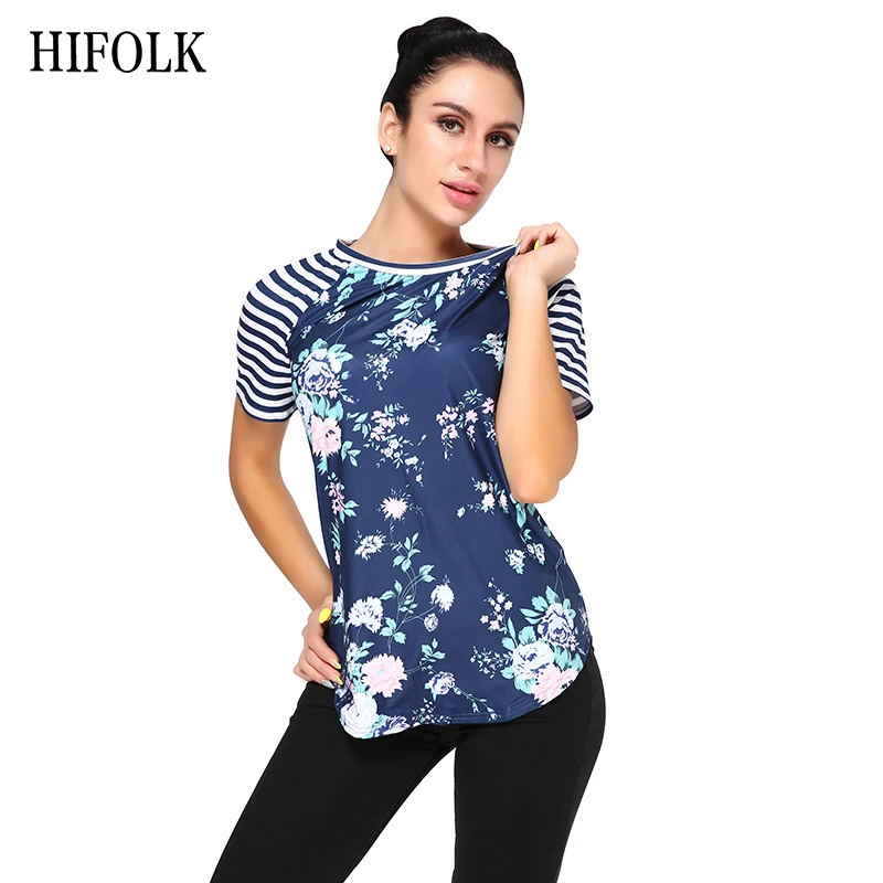 

HIFOLK New Summer T Shirt Women Flower Printed Striped Tshirts Black Short Sleeve Polyester Casual Tops Tee Shirt for Women