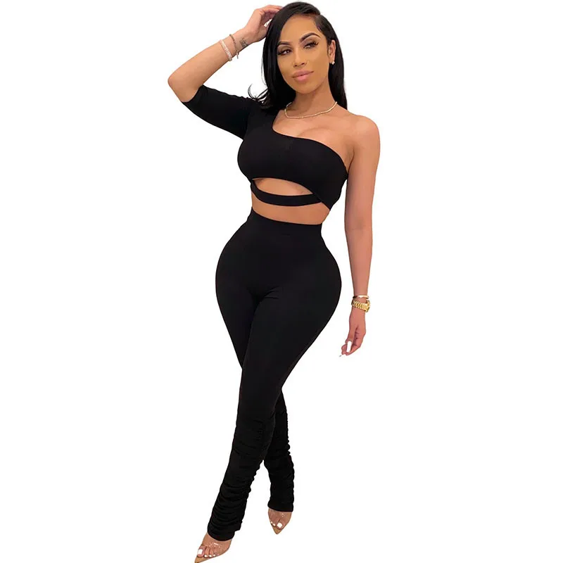 

Ribbed Knit Two Piece Set Tracksuit Women One Shoulder Crop Top and Stacked Pants Suit Sexy Club Outfits Matching Sets Ensemble