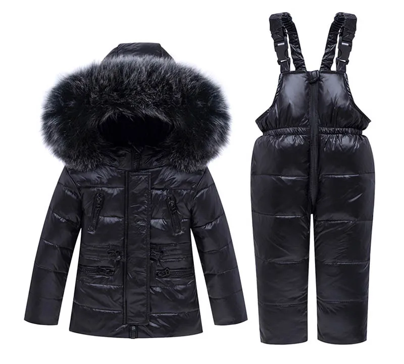 IYEAL/детский зимний теплый зимний пуховик с капюшоном и мехом для маленьких мальчиков и девочек, куртка-пуховик с лыжным комбинезоном - Цвет: Черный
