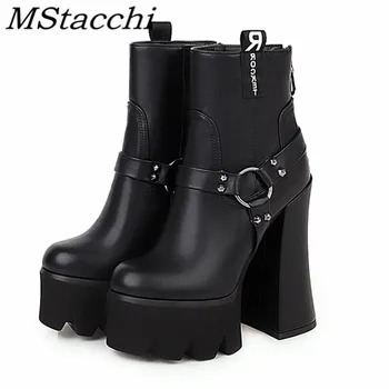 

MStacchi High Heel Women Ankle Boots Black Platform Round Toe Thin Belt Back Zipper Plush Boots Winter Party Botas Feminina Sexy
