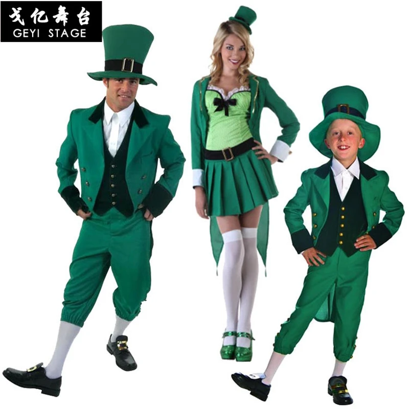 

Adult Irish Family Group Dwarf Costume Children St Patrick Day Elf Outfit Fancy Dress Hat Top Pants Suit Boy Kids girls
