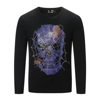 

DUYOU Autumn Men's Fashion Trend Comfortable Cotton Rhinestone Spider Web Skull Casual Sweater top Menswear 2019 Male Sweater