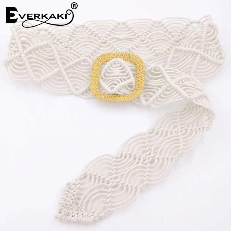 White Everkaki Boho вязаный вощеный веревочный пояс женский пояс цельный деревянный пряжка пояса Харадзюку для женщин платье джинсы Новинка - Цвет: White