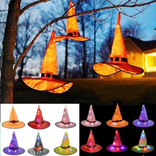 1 Uds gorro de bruja Halloween con luz LED brillante brujas sombrero iluminación colgante de Halloween decoración suspensión árbol brillante sombrero para los niños