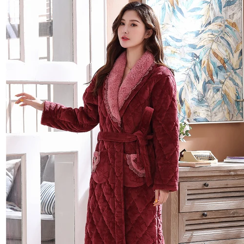 럭셔리 레드 플란넬 퀼트 가운, 여성 두꺼운 우아한 드레싱 가운, 따뜻한 벨트 여성 목욕 가운, 겨울 긴 가운, 여성 목욕 가운 3