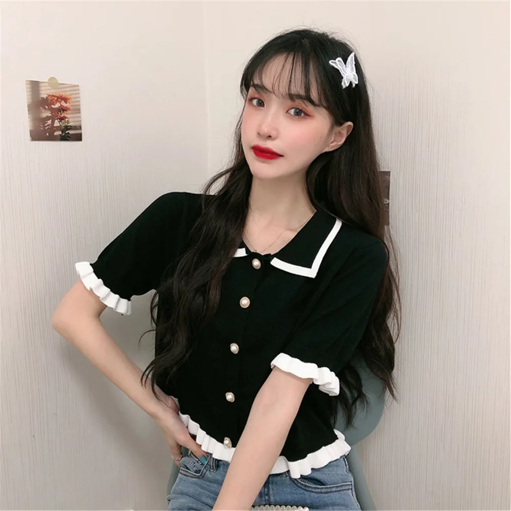 Ruffles Knit Cardigan Shirt Women Single-breasted Patched Elastic Crop Sweater Summer Tops Female Cardigans ZY5039 |