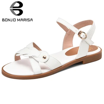

BONJOMARISA Female Fashion Solid Buckle Strap Solid Sandals Open Toe Flat Sandals Women 2020 Casual Handmade Daily Shoes Woman