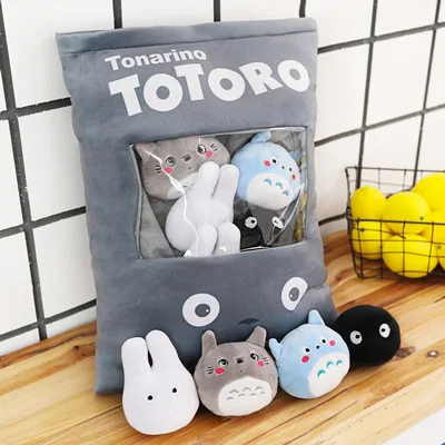 Cat Stuffed Pillow with 8pcs Mini Black Totoro Dolls Inside Push Throw Pillow Creative Family Gift for Baby Girl and Boy