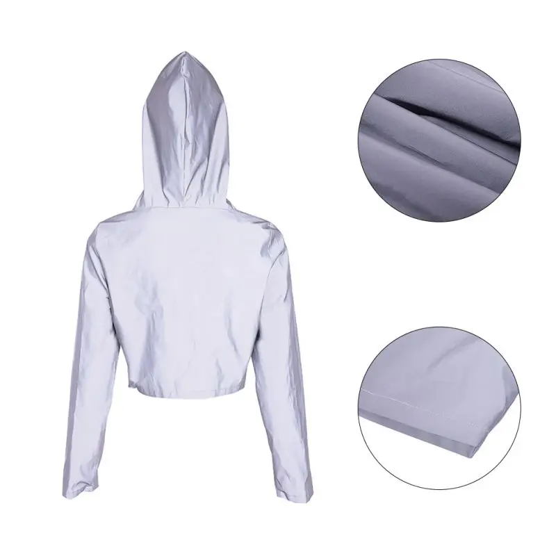 buy Reflective Hooded Bomber Coat Women Long Sleeve Silver Jacket Fashion Casual Zipper Hooded Female S