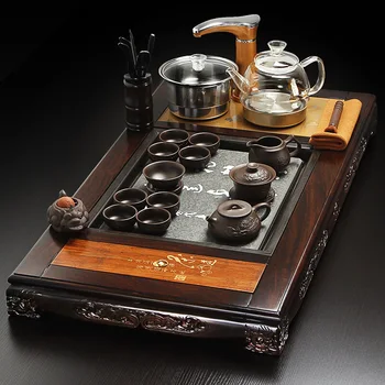 

Ebony Or Rosewood Wujinshi Stone Panel Tea Tray Four In One Electric Stove Kettle Ceremony Accessories Zisha Gong Fu Teaset
