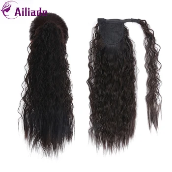 

AILIADE 11 Colors Long Corn Wavy Ponytail Extension for Women Synthetic Wrap Around Magic Paste Curly Ponytail Brown Black