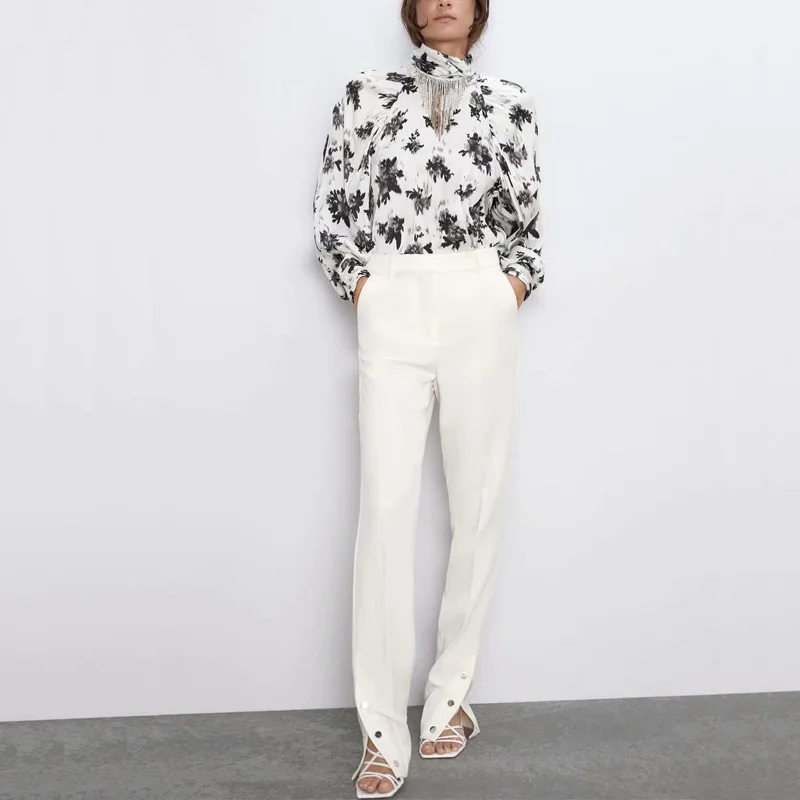 

Autumn women's shirt casual ink print high collar long sleeve shirt