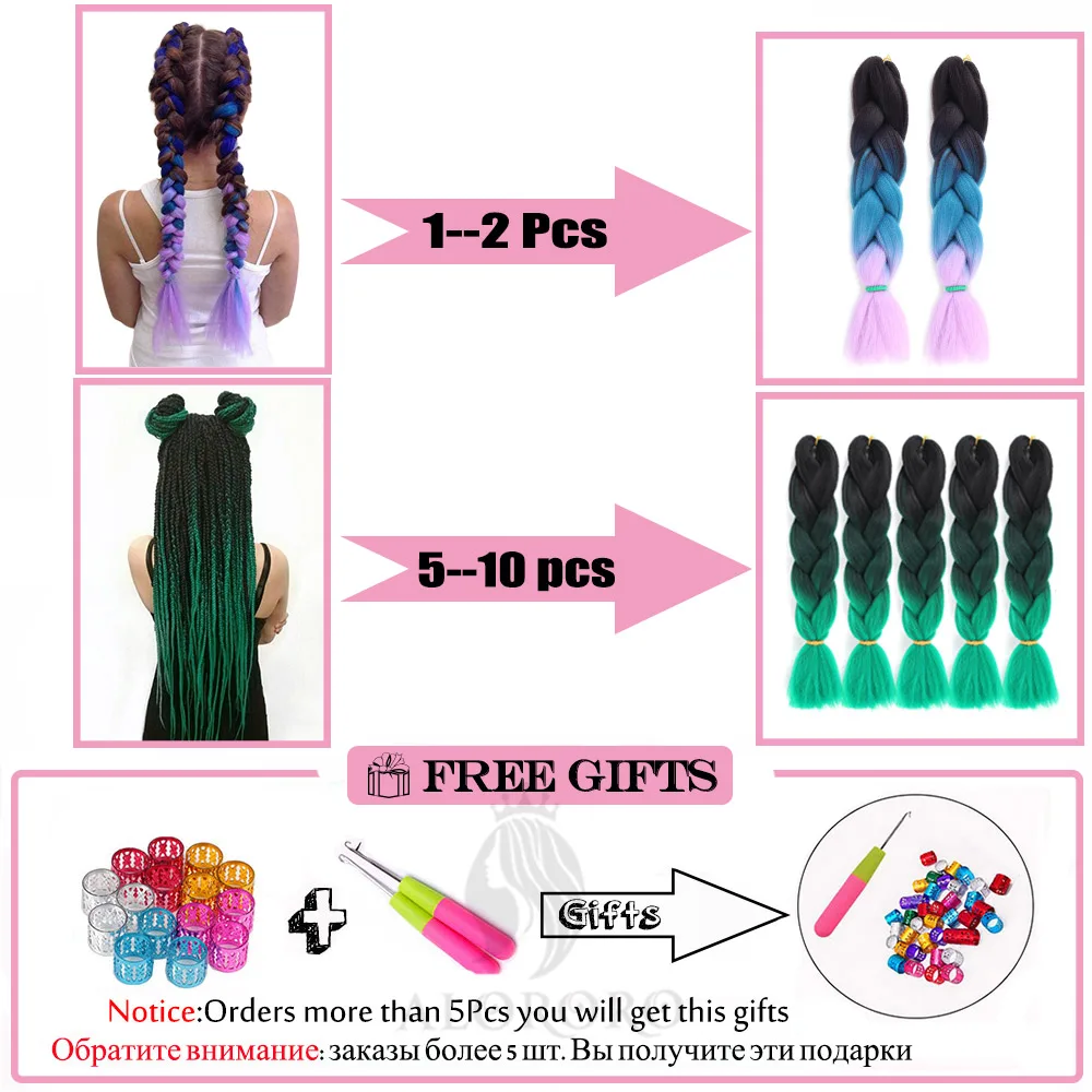 Alororo Synthetic Kanekalon Hair 24 Inch Ombre Extensions Hair for Braids Afro Blue Pink Purple Crochet Braiding Hair Wholesale