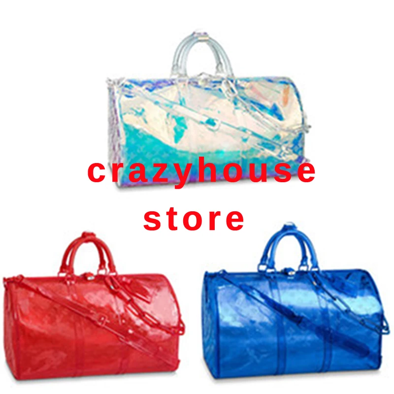 

Original floral printing 2019 designer transparent clear laser duffle bags fashion travel shoulder handbag big size bag totes