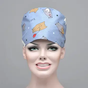 

Cute Bear Printing Hat Adjustable Strap Cap Doctor Nurse Cap Reusable Cotton Hat Head Protector- One Size