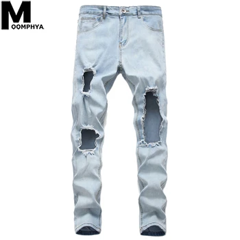 

Moomphya Distressed Big Holes Skinny Jeans Men Streetwear Ripped Jeans For Men 2019 Denim Trousers Men Stylish Men Blue Jeans