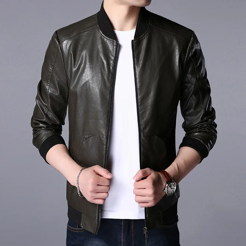 

Korean-style Stand Collar Locomotive Leather Coat Men Slim Fit Trend Handsome PU Leather Spring And Autumn Jacket Men'S Wear