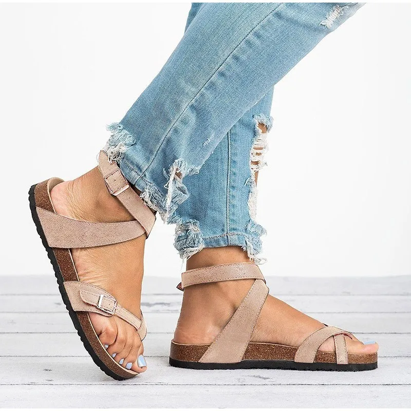 Summer Women Thong Sandals Gladiator Cross Ankle Strap Sandals Platform Metal Buckle Flats Ladies Beach Shoes Plus Size