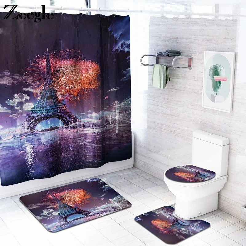 Bath Mat and Shower Curtain Set Soft Toilet Cover Seat Mat Bath Rug Anti-slip Toilet Pedestal Rug Waterproof Shower Curtain Set