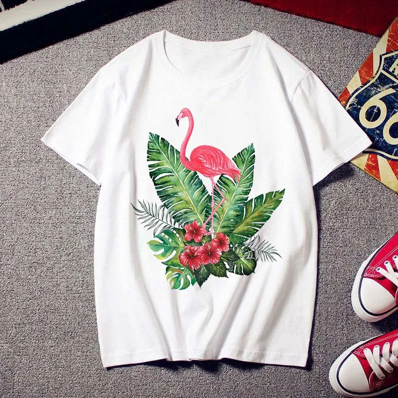 Flamingo beauty trendy T-shirt ladies print fashion 90s Harajuku short-sleeved T-shirt white retro summer T-shirt top