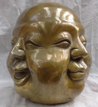 

1031++++8"China Bronze Buddhist Anger Grief Joy Happy 4 Face Maitreya Buddha Head Statue