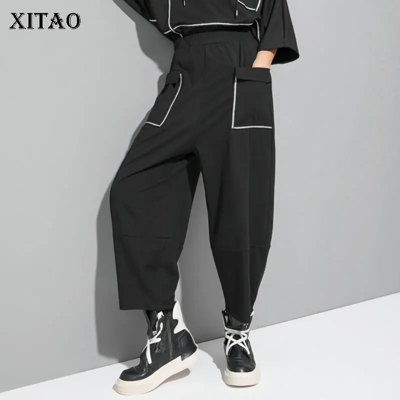 XITAO/черные плиссированные длинные штаны для женщин с эластичной резинкой на