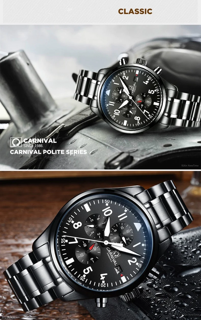 2022 Luxury Brand CARNIVAL Automatic Watch for Men Sapphire Calendar Luminous Stainless Steel Army waterproof Dive Men's Watches