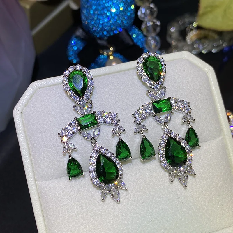 

EYER New Trendy Hot CZ ZirconTassel Earrings White Gold-Color Green Shiny Crystal Austrian Water Drop Earrings for Women Party