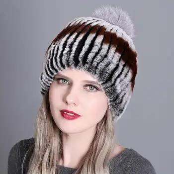 

Hot Sale Winter Natural Rex Rabbit Fur Hat Female Women Elasitc Warm Handmade Knitted Real Fur Caps Big Fox Fur Ball Beanies Hat