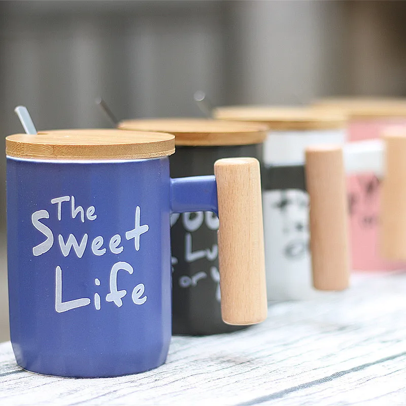 Модная простая алфавитная керамическая кружка с бамбуковой крышкой, ложка, керамическая кофейная кружка, цветная чашка для глазури, кофейная молочная чайная кружка