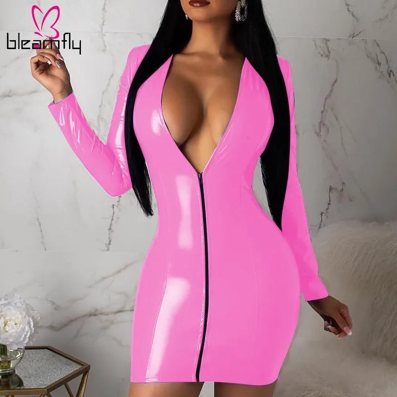 

Sexy Deep V-neck Dress Women PU Leather Zippers Elegant Dresses Short Mini Bodycon Pink Yellow Blue Long Sleeve Winter Vestidos