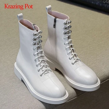 

Krazing pot genuine leather round toe low heel riding boots winter warm British style solid streetwear modern mid-calf boots L82
