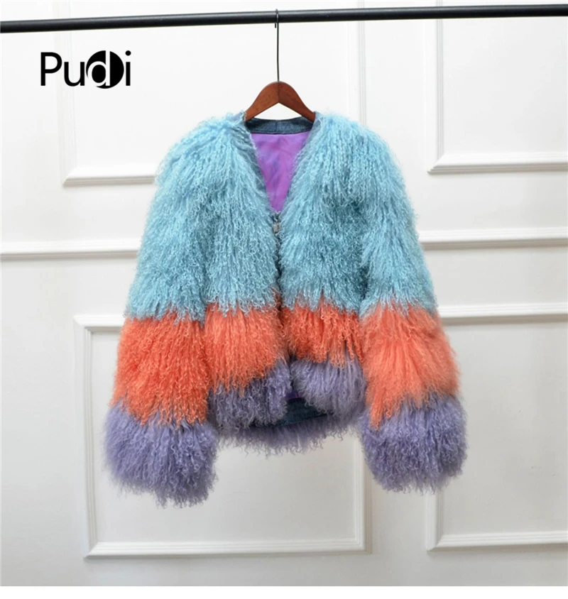 

Pudi bright color knit knitted Real sheep fur fur coat jacket overcoat women's winter warm genuine fur coat outwear CT938