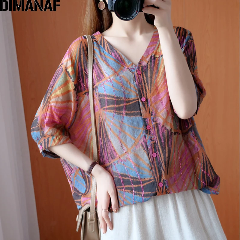 DIMANAF Summer Plus Size T-Shirts Women Clothing Lady Tops Tees Tunic Vintage Loose Cotton tshirt Print Shirt Button Beading