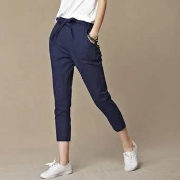 

High Waist Women Pants Loose Original Design Vintage Linen Female Dazzling Bow Drawstring Pants Pure Capris Harem Trousers