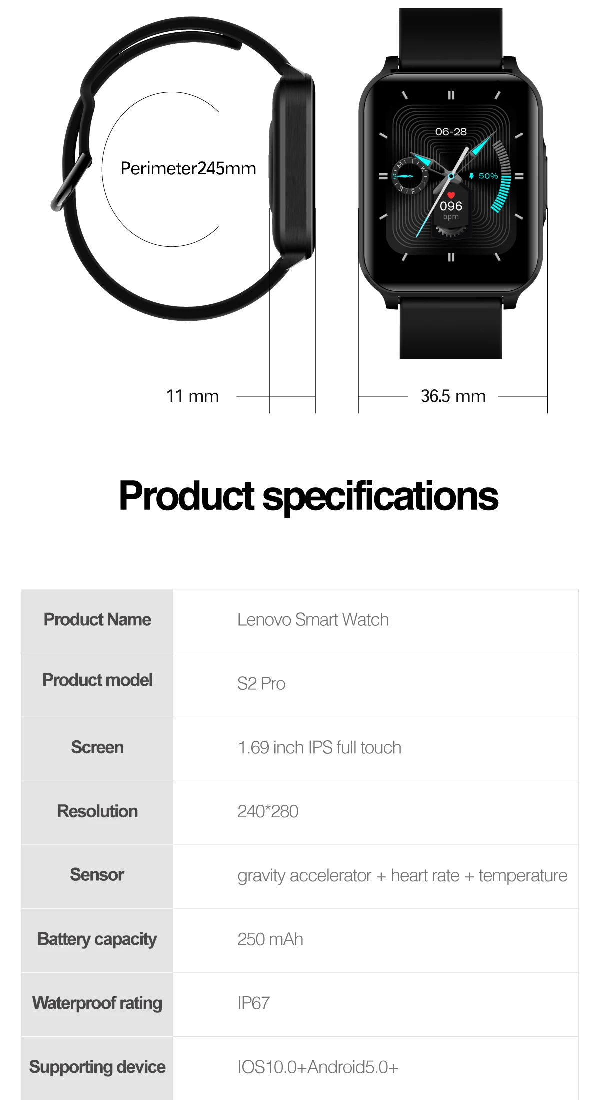 2021 Lenovo S2 Pro Smartwatch 1.69'' HD Screen Waterproof Fitness Heart Rate Monitor Sleep Monitoring Global Version
